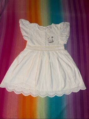 Zara White Eyelet Dress with Scalloped Hem
